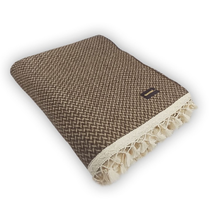 Koc wełniany – romby/lamówka brązowa 150 x 180 cm – 100% wełna